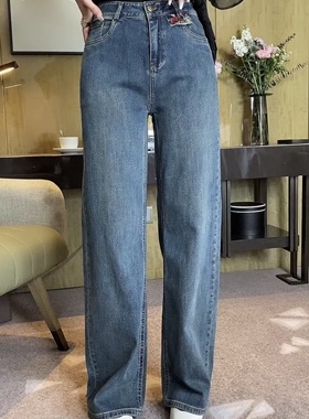 欧洲站曼曼家正品2025春季新百搭显瘦刺绣花气质直筒阔腿牛仔裤女