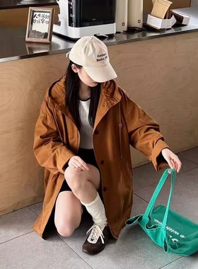 100棉风衣2025秋季新款简约日系休闲中长款连帽外套大衣女85337