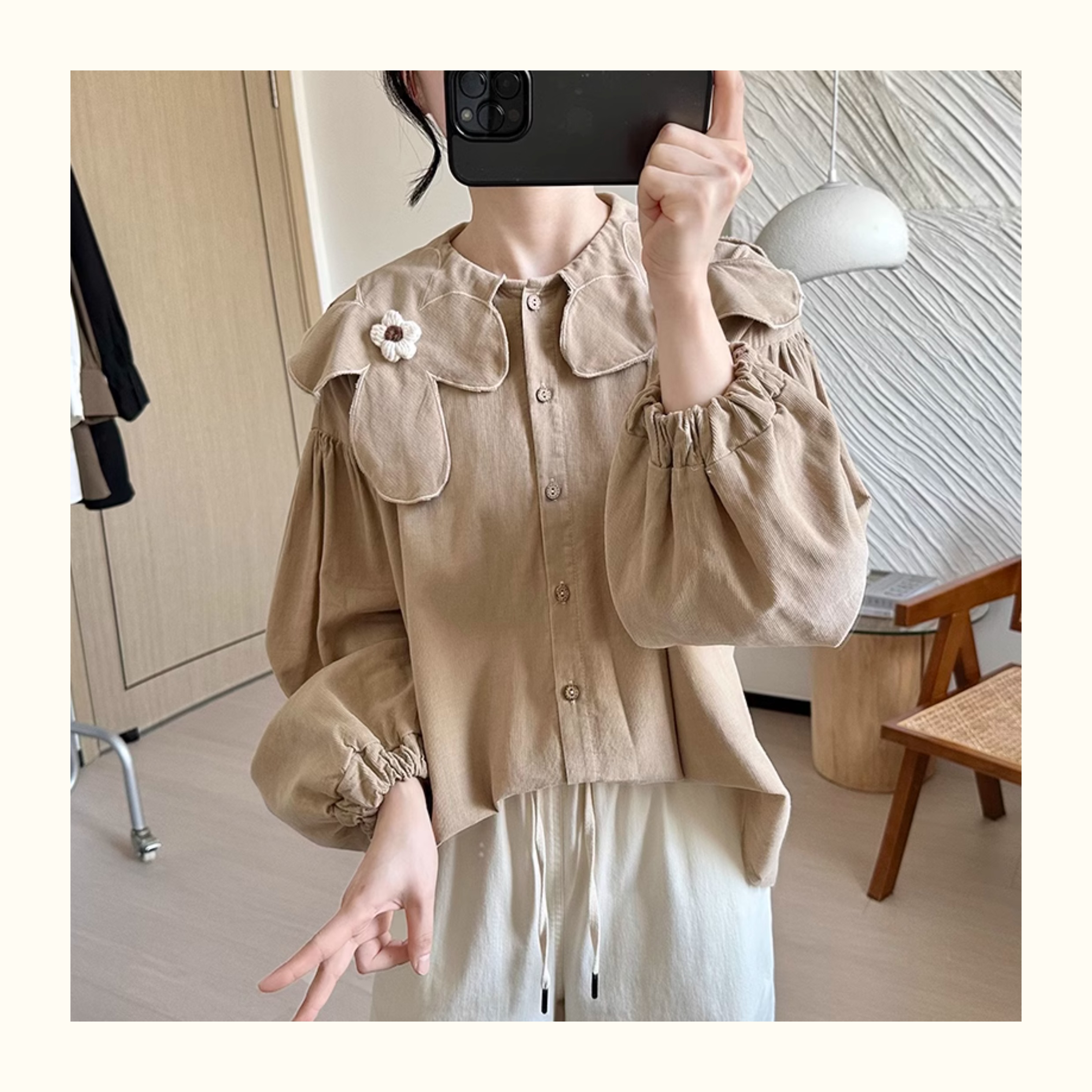 纯棉灯芯绒花瓣领娃娃衫女2025