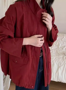 100棉外套2025秋季新款通勤纯色百搭上衣女设计感立领夹克85353