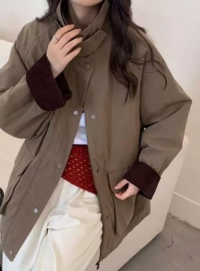 中长款撞色拼接风衣外套女2025秋季双口袋设计休闲上衣85603