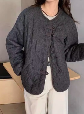 圆领长袖开衫盘口设计上衣女2025冬季新款简约百搭保暖棉服85605