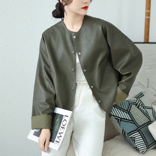 圆领夹克上衣 蝙蝠袖 2025春秋两面穿PU短款 皮衣外套女高级感新款