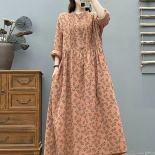 A字裙6840 花边领连衣裙女宽松长款 春秋季 新复古棉麻印花褶子长袖