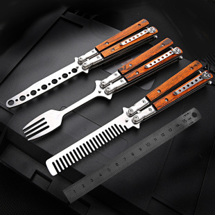 跨境折叠蝴蝶练习训练梳刀甩手花式 玩具多功能折叠解压不开刃木柄