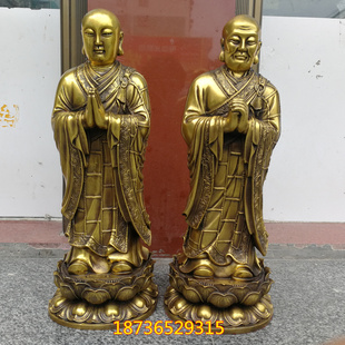 黄铜纯铜阿难陀迦叶铜像一套 佛祖胁侍阿难尊者 摩诃迦叶供奉摆件