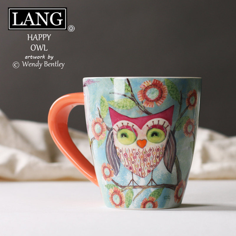 美国lang 开心猫头鹰 插画风格创意陶瓷大容量马克水杯杯子 橘色