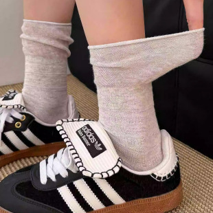 中筒袜拼接堆堆袜长筒袜搭配小皮鞋 纯色无骨灰色袜子女款 春夏季