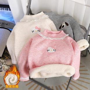 女宝加绒打底衫女童加绒保暖上衣一体绒衣服儿童半高领内搭冬加绒