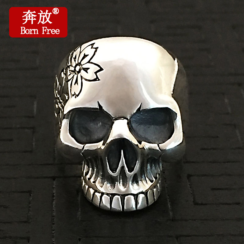 Born Free/奔放S925纯银饰品朋克复古个性指环男款樱花骷髅头戒指