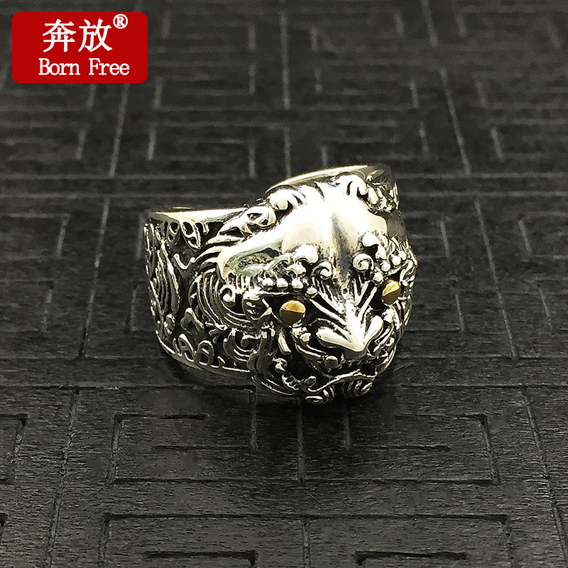 Born Free/奔放S925纯银复古中国风泰银霸气瑞兽唐狮男款开口戒指