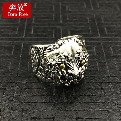 Born Free/奔放S925纯银复古中国风泰银霸气瑞兽唐狮男款开口戒指