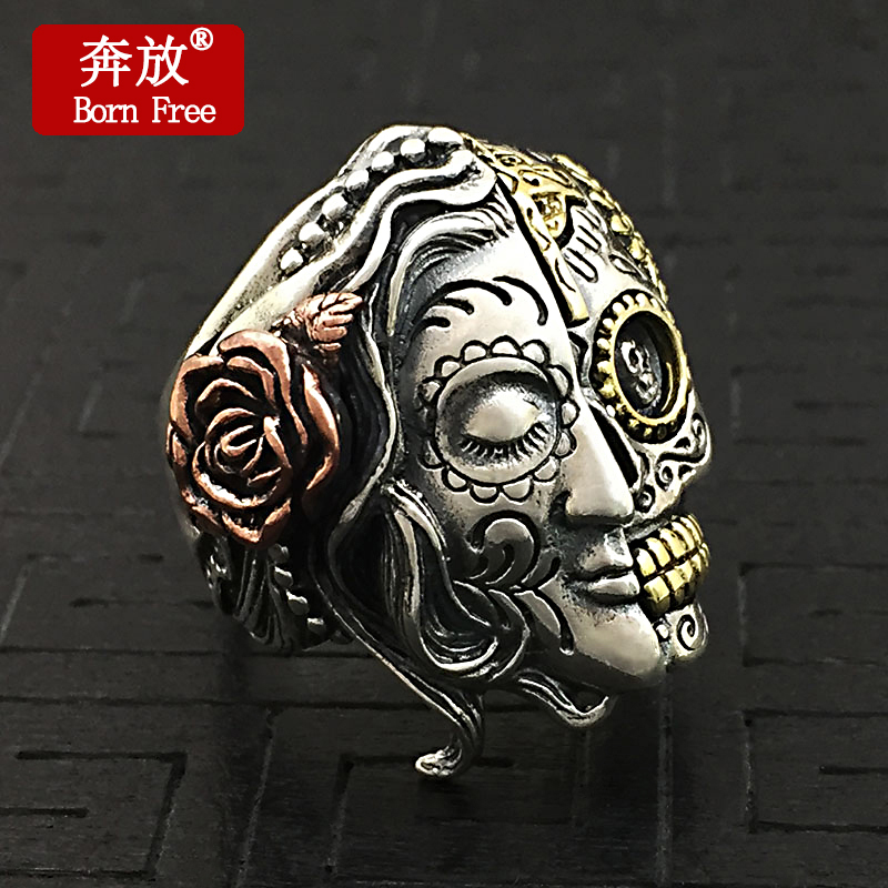 Born Free/奔放S925纯银朋克风泰银复古双面半骷髅头半女神戒指环