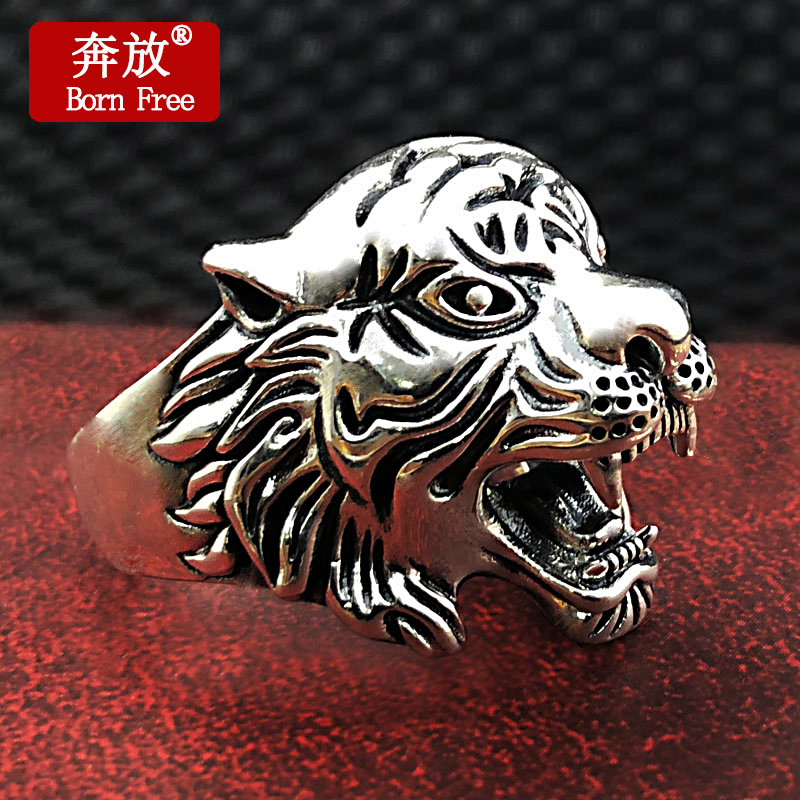 Born Free/奔放S925纯银饰品复古泰银老虎头戒指白虎霸气开口指环