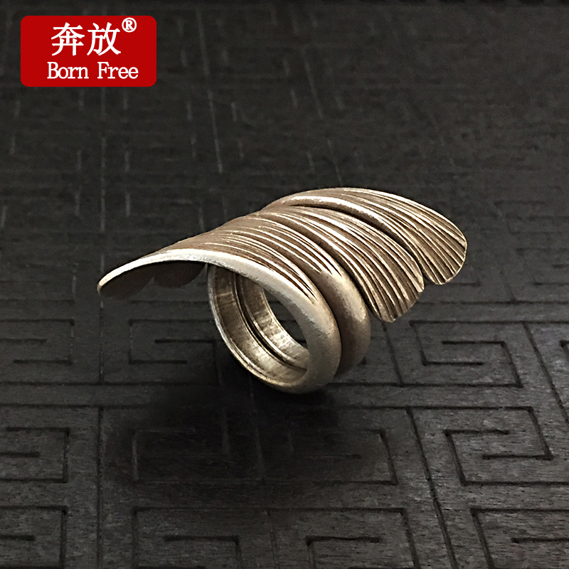 Born Free/奔放泰国清迈手工银饰品S925纯银树叶宽面开口指环戒指