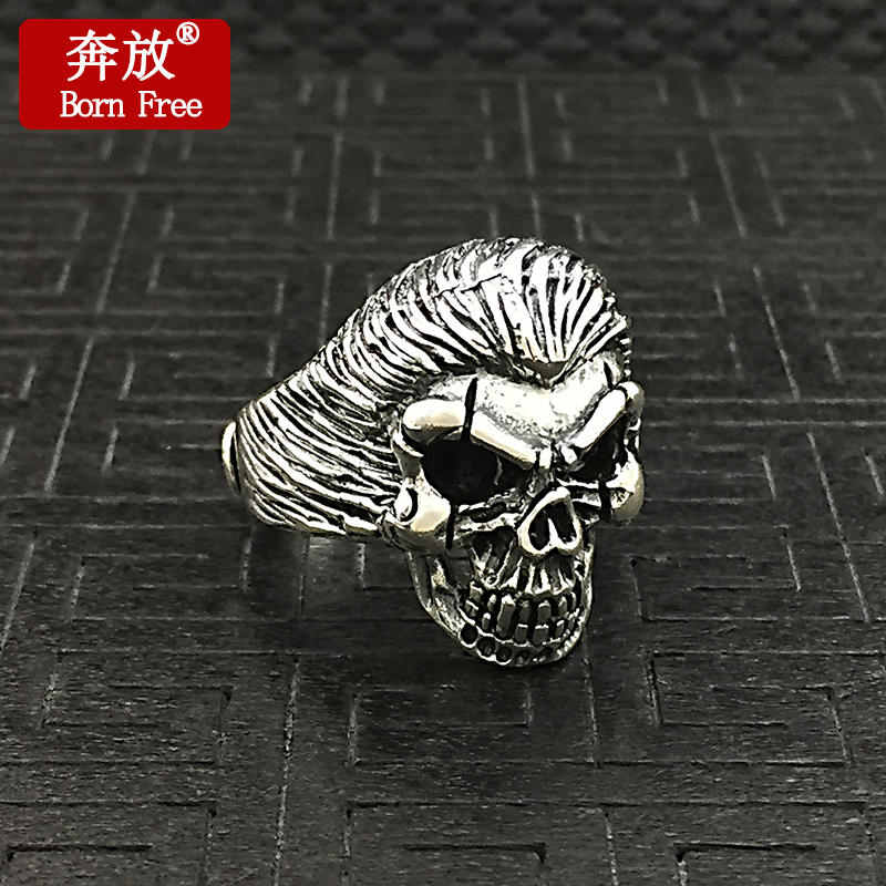 Born Free/奔放S925纯银复古泰银个性朋克风金刚骷髅头戒指男指环