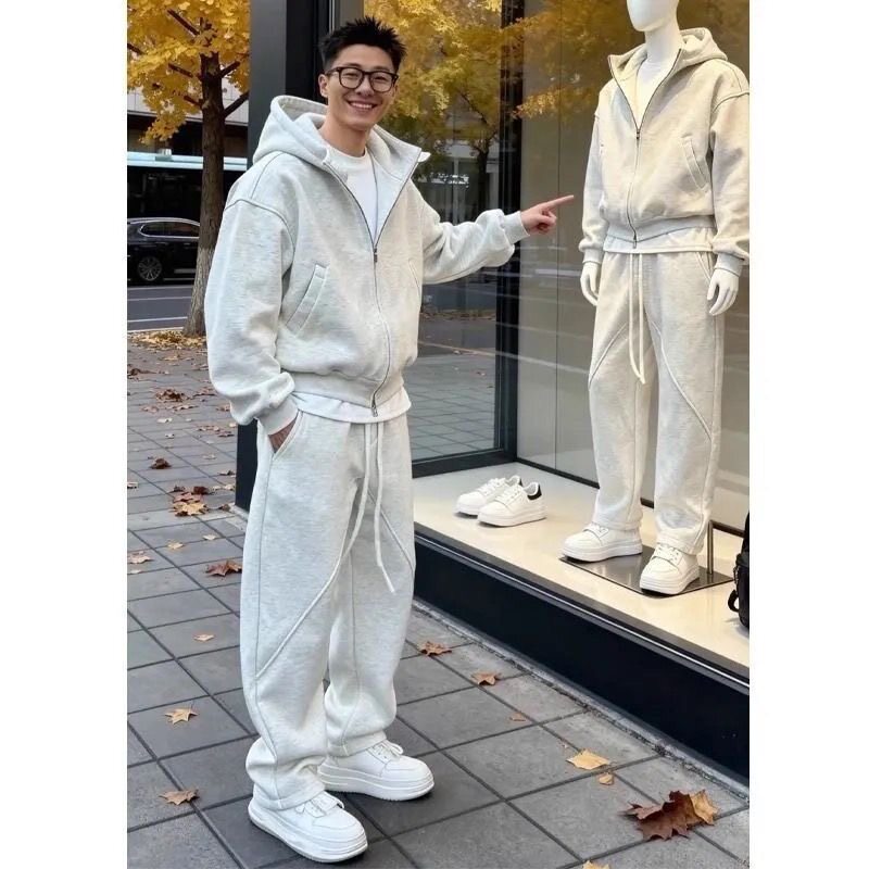 秋冬高级美式连帽时尚重磅外套宽松男士大码休闲两件套运动套装