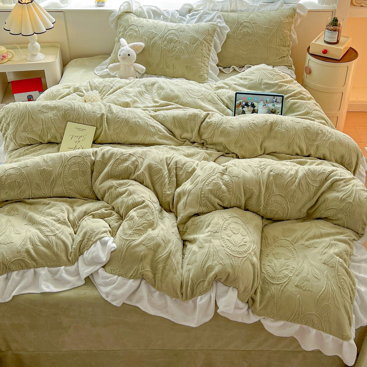 韩式花边雕花牛奶绒四件套保暖