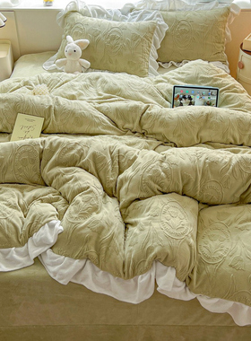 A类5D雕花全消光牛奶绒四件套韩式花边被套加厚保暖床单床笠款