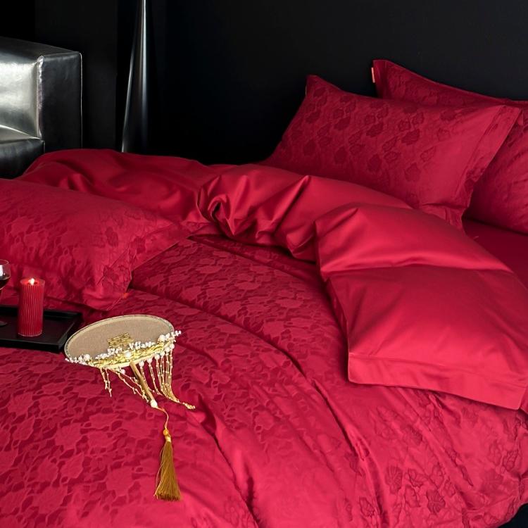100S蕾丝提花婚庆红色全棉四件套