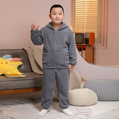 青少年中大童男童秋冬保暖家居服法兰绒睡衣男孩拉链连帽外套套装