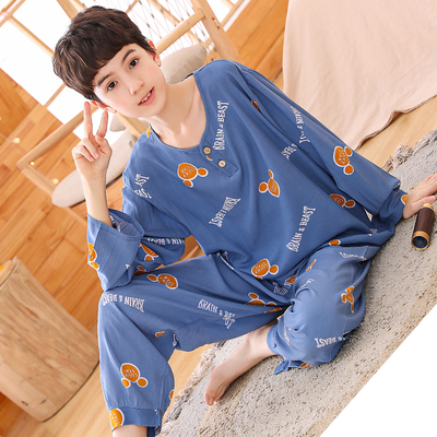 胖童男女孩170大码灰色小老鼠175长袖空调家居服薄款宽松绵绸睡衣