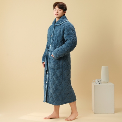 冬季男士单排扣睡袍青少年加大码加厚保暖法兰绒三层夹棉中长睡衣