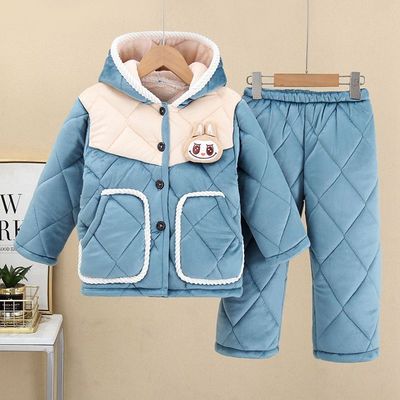 冬季儿童睡衣加厚三层宝宝连帽棉衣男童夹棉女童法兰绒家居服套装
