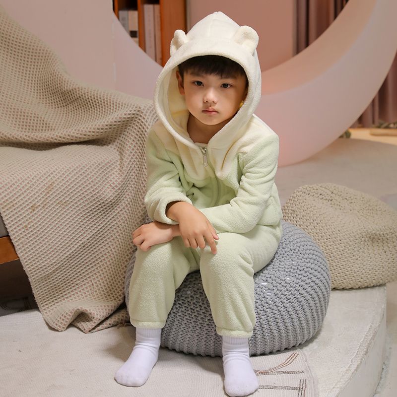 秋冬季儿童法兰绒睡衣小男童女孩卡通保暖家居服拉链外套连帽套装