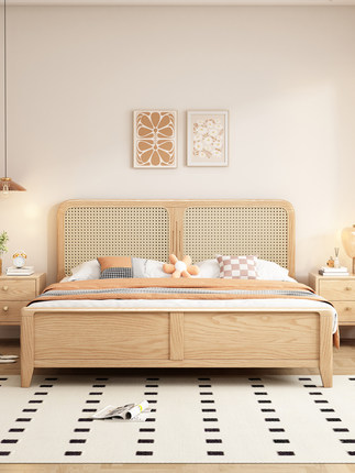卧室小户型日式原木风单人床1.5米实木1.8米双人床床现代简约藤编