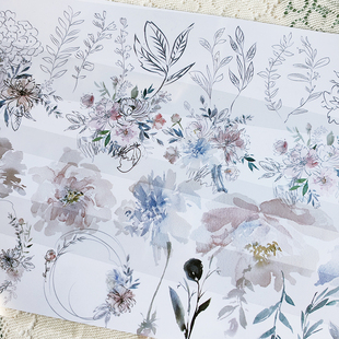 小可爱自制晕染花朵线条花树叶轻复古无白墨手帐拼贴胶带装饰