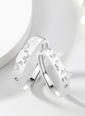 【银屿】s999纯银戒指欢喜猫咪夜光情侣对戒创意独特猫狗开口指环