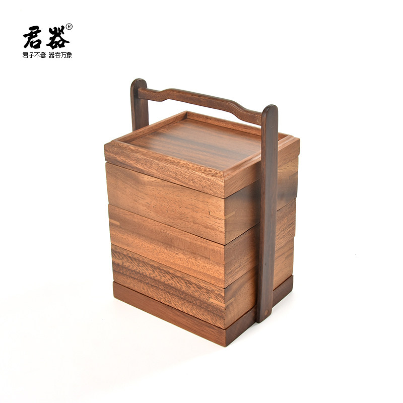 胡桃木手提盒水果茶点盘新中式小型三层实木提篮户外便携式糕点盒