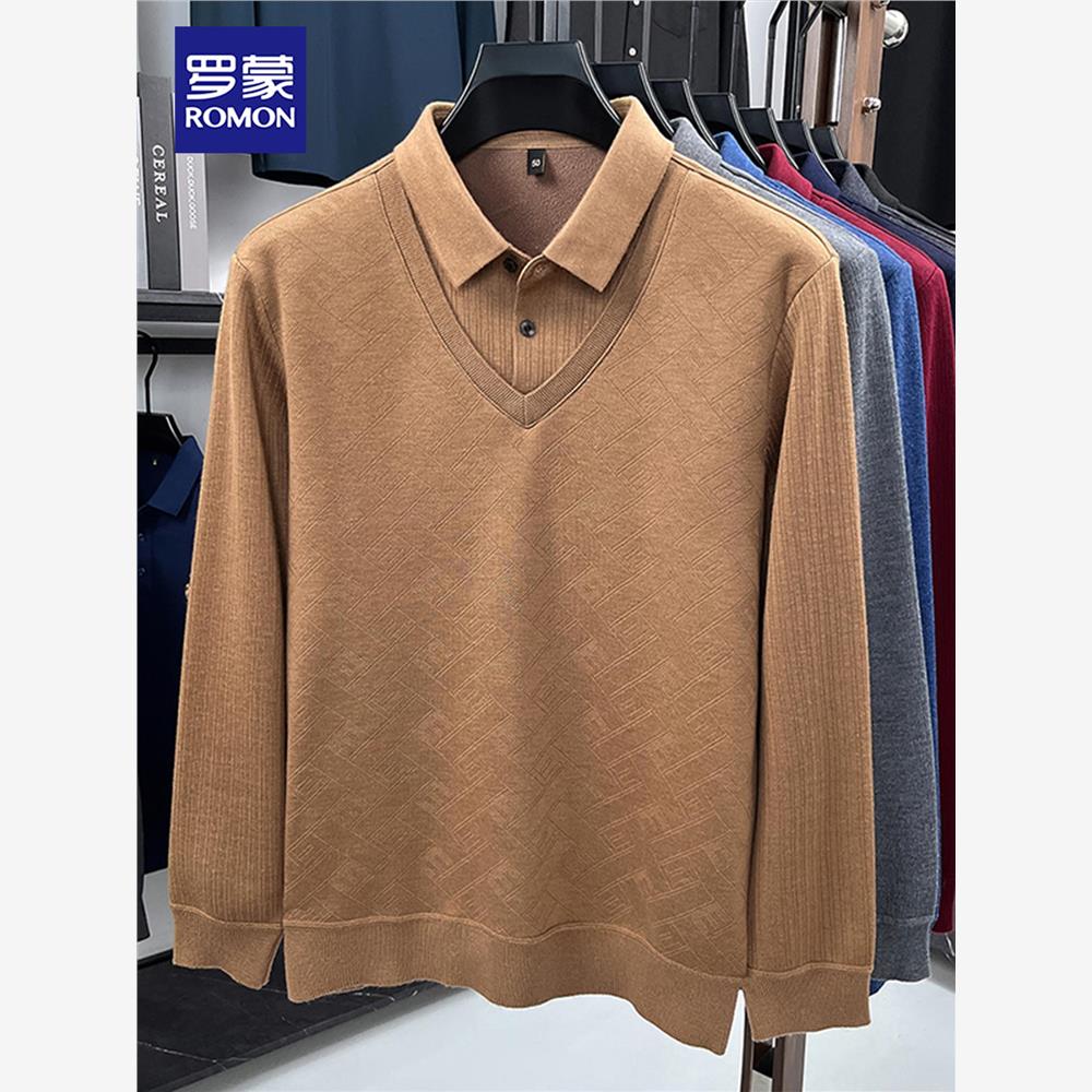 罗蒙男士绵羊毛假两件针