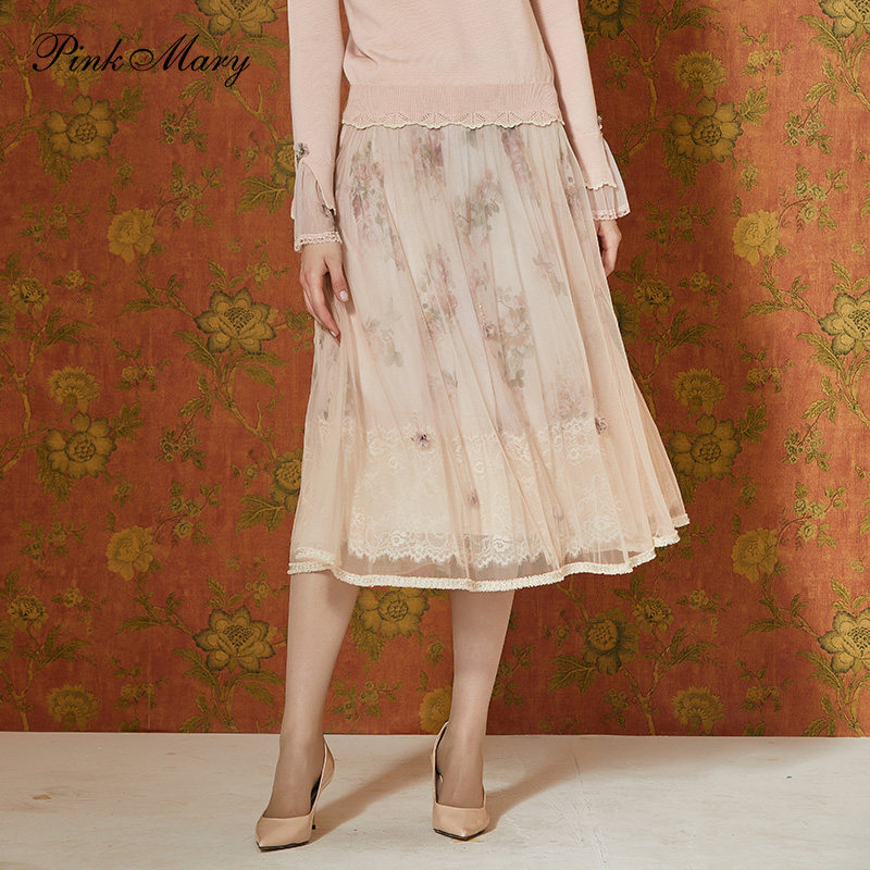 粉红玛琍/粉红玛丽春秋半身裙网纱拼接裙子复古风中长裙pmajw3002