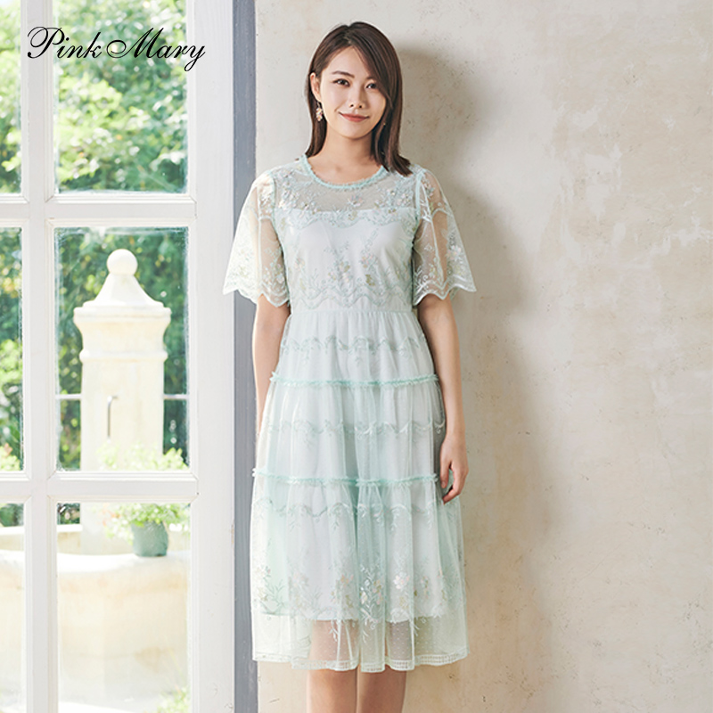 粉红玛丽法式浪漫收腰伞摆连衣裙