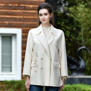 时尚 粉红玛琍毛呢外套女士春秋新款 简约单排扣上衣PMANW6008