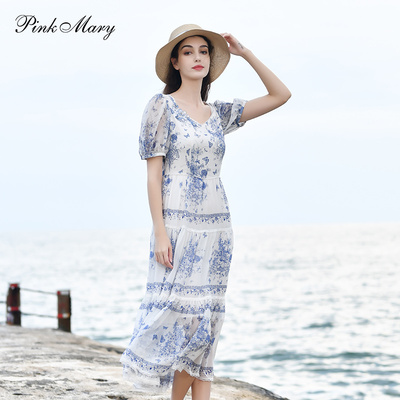 粉红玛琍连衣裙女2025夏季新款时尚印花舒适桑蚕丝裙子PMAOS5703
