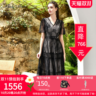 粉红玛琍连衣裙女2025春夏新款舒适时尚优雅网纱蕾丝裙PMAOS5719