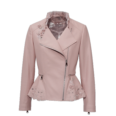 粉红玛琍羊皮皮衣女秋冬新款时尚立体绣花舒适短上衣PMANW7002