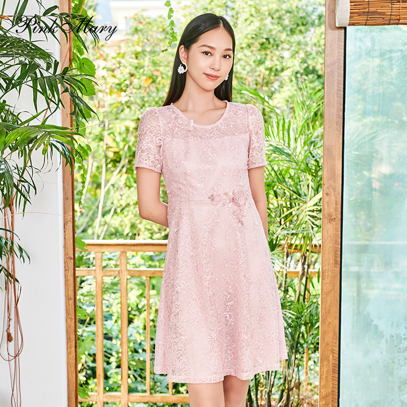 粉红玛丽淑女风A字显瘦蕾丝裙