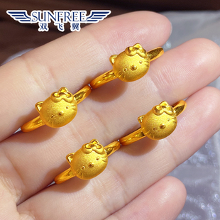 黄金可爱立体蝴蝶结卡通小猫咪头戒指3D硬足金999尾戒指环女礼物