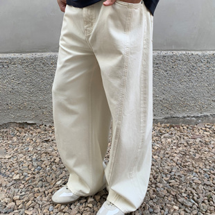haonanhuang 莱赛尔混纺可调节腰头弯刀剪裁廓形宽松牛仔长裤