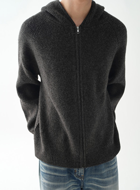 haonanhuang 新贵风7针柳条粗针纱羊毛混纺连帽拉链开衫毛衣外套