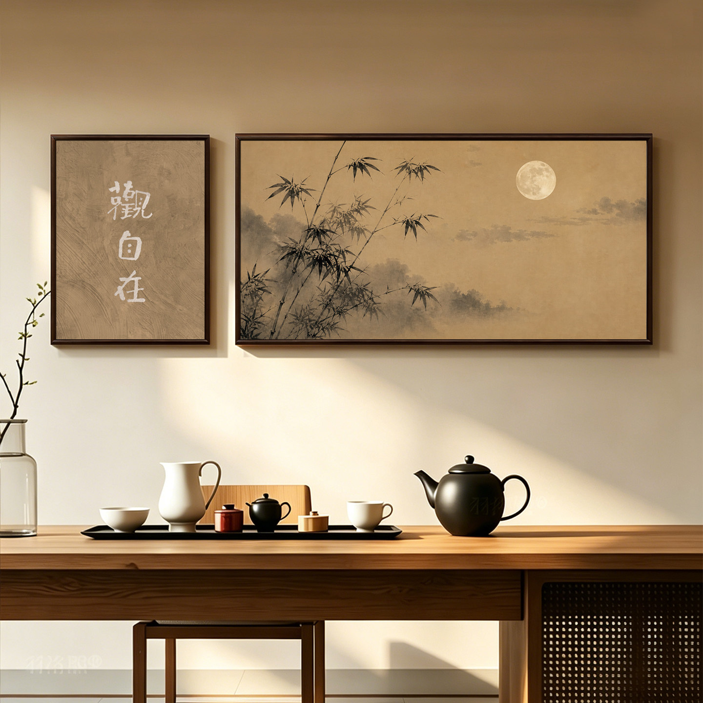 盈浩新中式禅意双联山水挂画