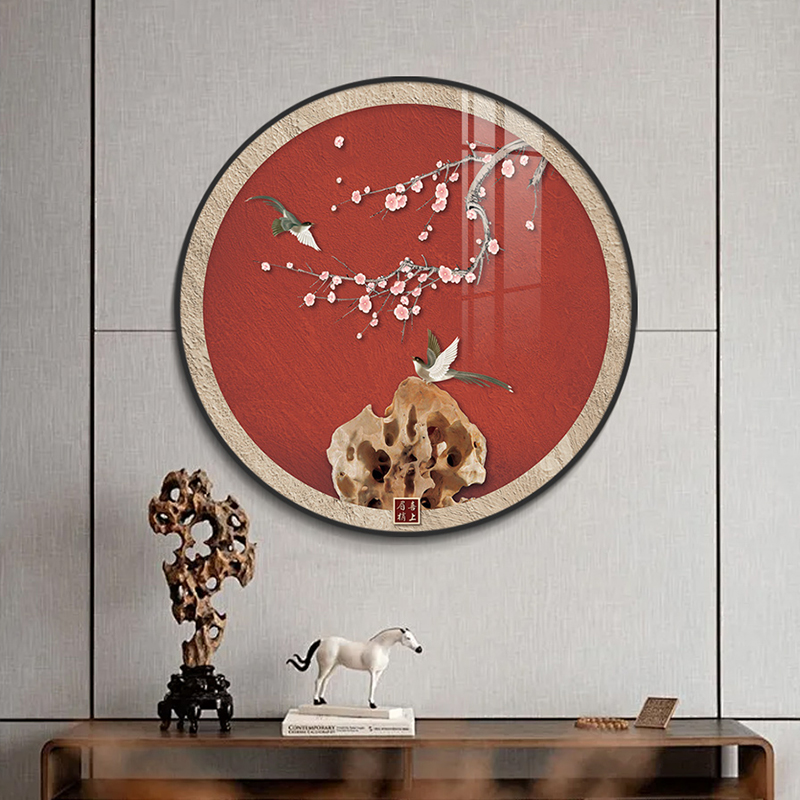 盈浩新中式圆形玄关装饰画复古红色花鸟画玄关柜上挂画背景墙壁画图片