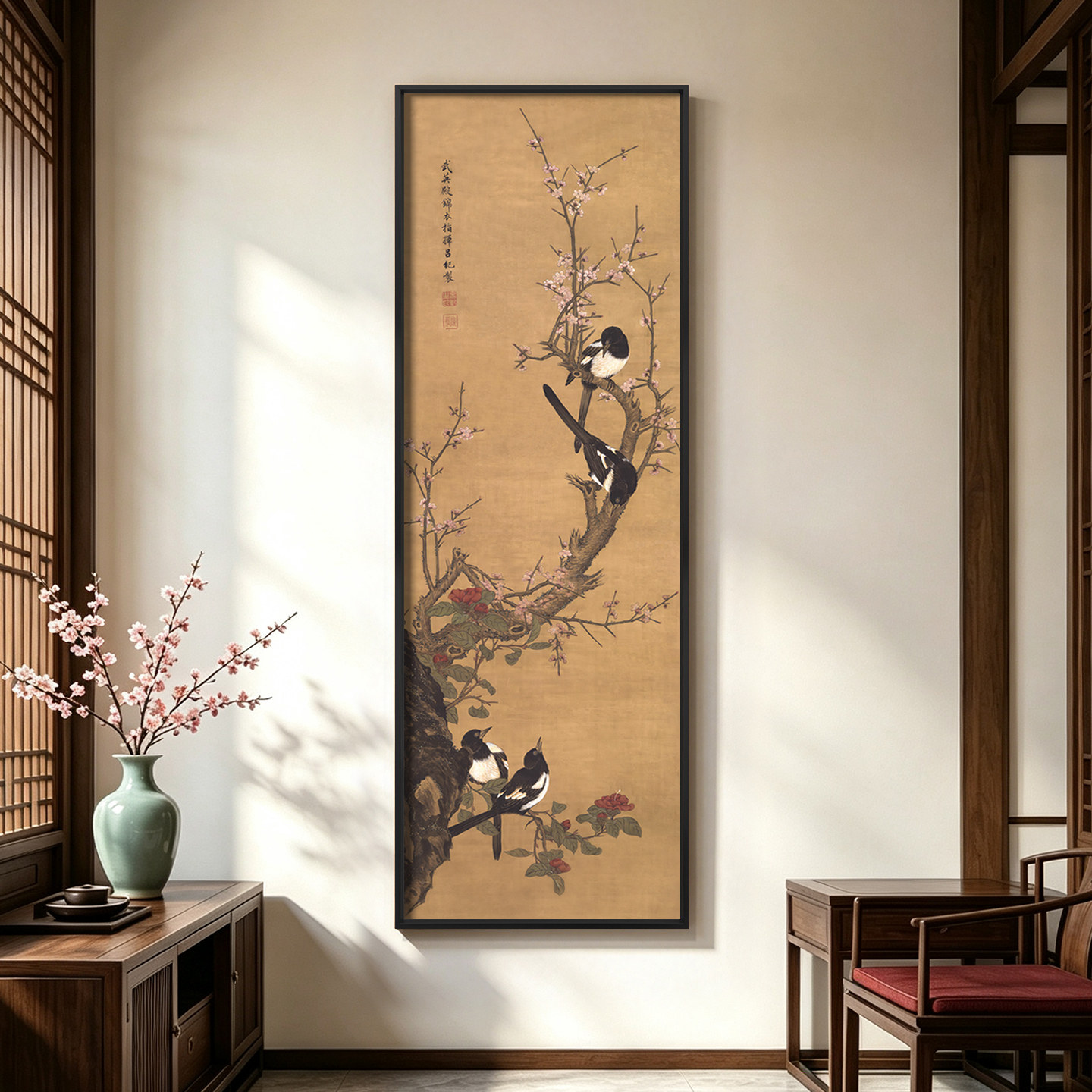 盈浩新中式花鸟禅意竖版挂画