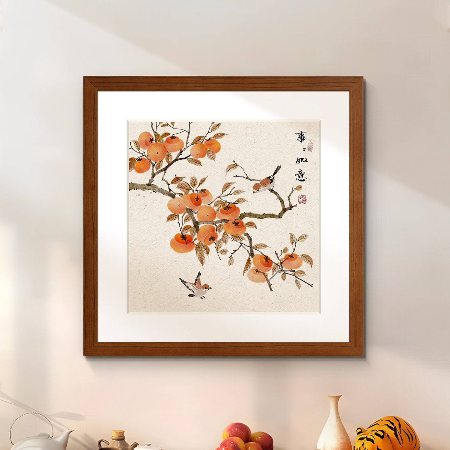 盈浩新中式花鸟装饰画实木边框卡纸石榴画餐厅背景墙挂画玄关摆画