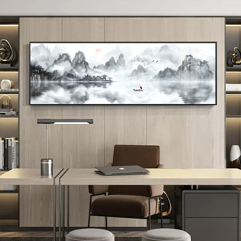 中国风横版山水画办公室背景墙挂画新中式水墨画大气高档客厅墙画
