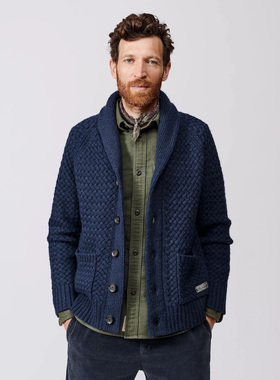 英国苏格兰AUBIN 男士秋冬粗针织花设得兰岛羊毛青果领外套